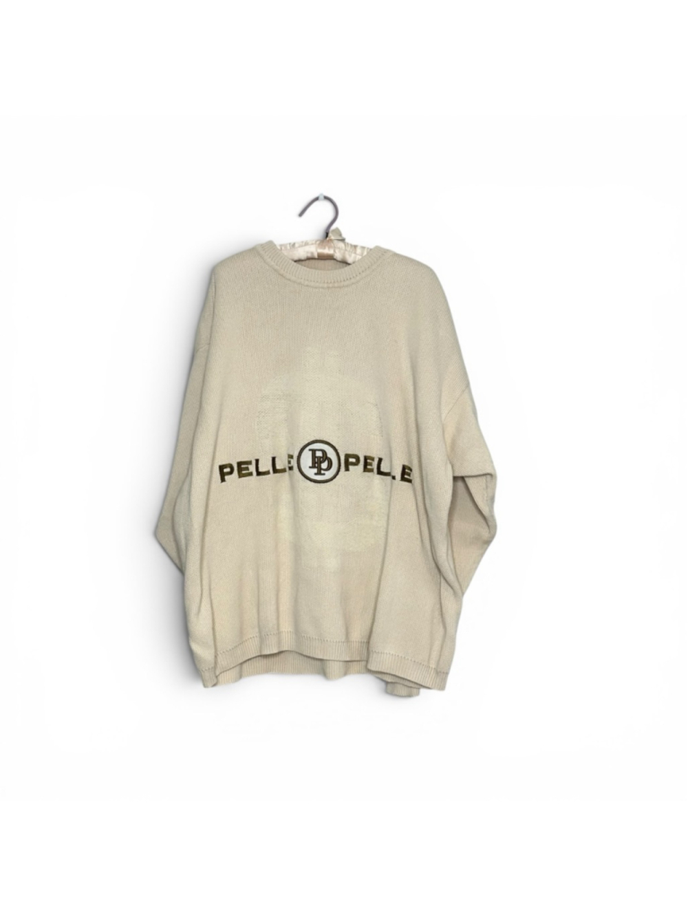 Vintage Pelle Pelle Knit Sweater Cream Logo Dollar sign Hip Hop Y2K Mens